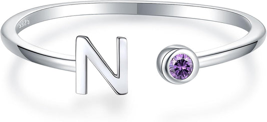 925 Sterling Silver Initial Letter Birthstone Rings for Women Adjustable 1-12 Month Birthstone Alphabet Stacking Ring for Teens Girls Stackable Birthstone Rings Birthday Jewelry Gift for Daughter Mom