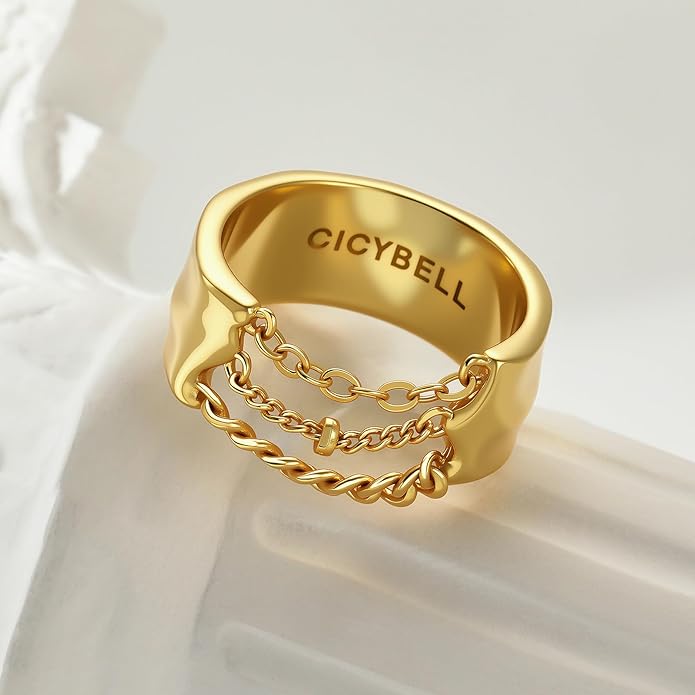 Cicy Bell Gold Rings for Women 18K Gold Plated Non Tarnish Chunky Wide Ring Chain Link Jewelry Gifts for Lovers and Mom Size 7