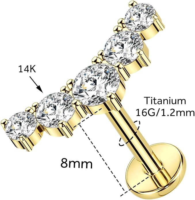 14K Yellow/White Gold Flat Back Stud Earring 1 Pcs, 16G Threadless Cartilage Earrings Top Push in Tragus Helix Conch Earrings Labret Piercing Jewelry
