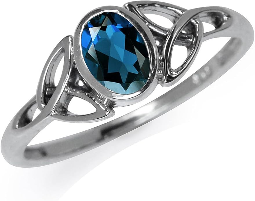 Silvershake 7x5MM Oval Shape Birthstone Gemstone White Gold Plated or 18K Yellow Gold Plated 925 Sterling Silver Triquetra Trinity Celtic Knot Solitaire Ring Jewelry for Women