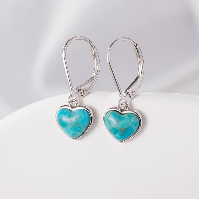 Heart Natural Turquoise Earrings for Women - Top AAA Grade, Hypoallergenic 925 Sterling Silver Leverback Dangle Earrings, Trendy Jewelry Gifts