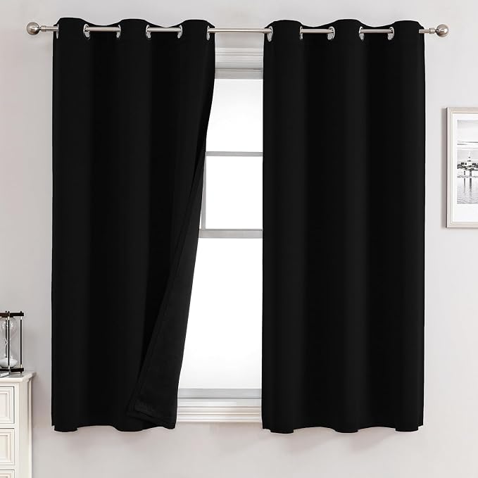 ChrisDowa 100% Blackout Curtains for Bedroom 63 Inches Long 2 Panels Set | 2 Thick Layers, Thermal Insulated, Light Blocking, Grommet, Window Treatment, Living Room Drapes, Black, 38 x 63 Inch