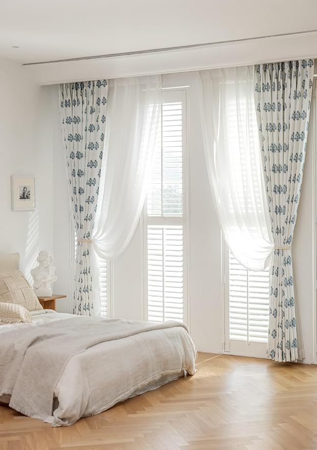 DrapePalette - Linen Blend Pinch Pleated Curtains 108 Inches Long for Living Room, Bedroom, Dining Room, Light Filtering Curtains 2 Panels Set, Modern Floral Printed Design, Kashmir Blue, 30"W x 108"L