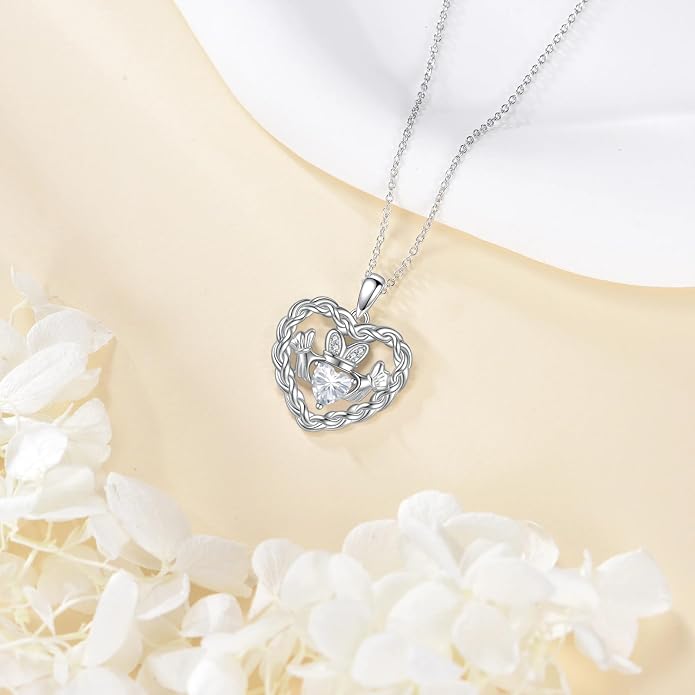 Birthstone Claddagh Heart Necklace 925 Sterling Silver Heart Celtic Knot Claddagh Necklace Pendant Irish Jewelry Gifts for Women Mom Wife Sister Christmas Birthday,18+2 inch