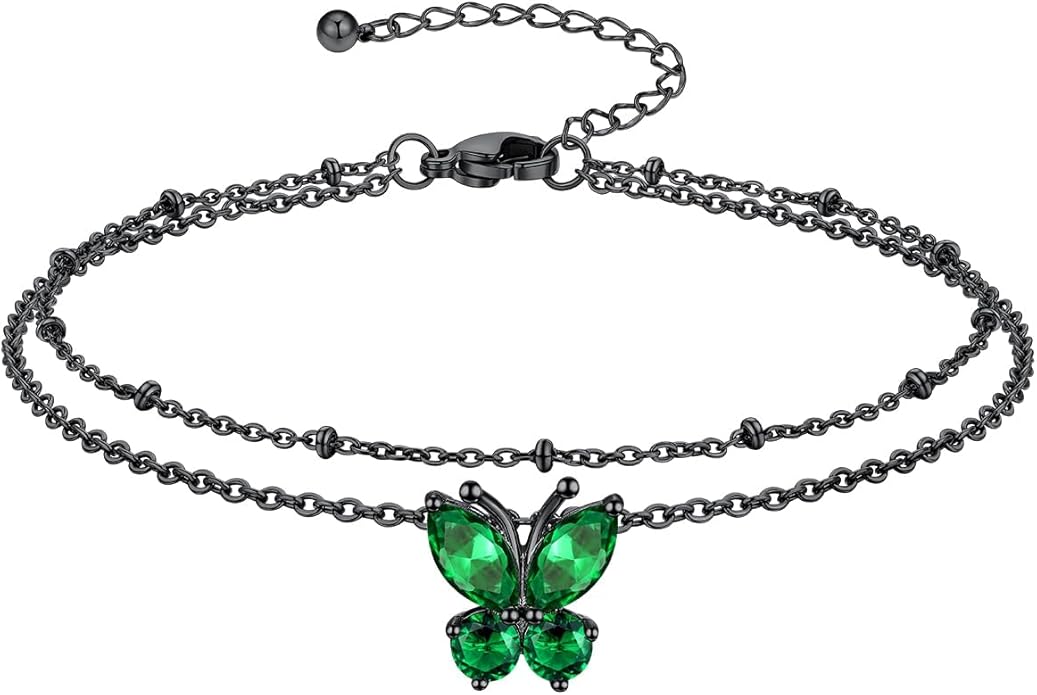 Richsteel Double Layer Heart/Butterfly Birthstone Anklet for Women Non Tarnish Waterproof, Silver/Gold/Black Stainless Steel 8.5-10.5 Inch Adjustable Chain Anklets Jewelry Gifts for Her