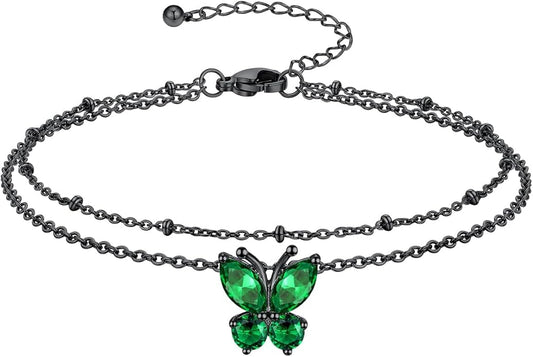 Richsteel Double Layer Heart/Butterfly Birthstone Anklet for Women Non Tarnish Waterproof, Silver/Gold/Black Stainless Steel 8.5-10.5 Inch Adjustable Chain Anklets Jewelry Gifts for Her