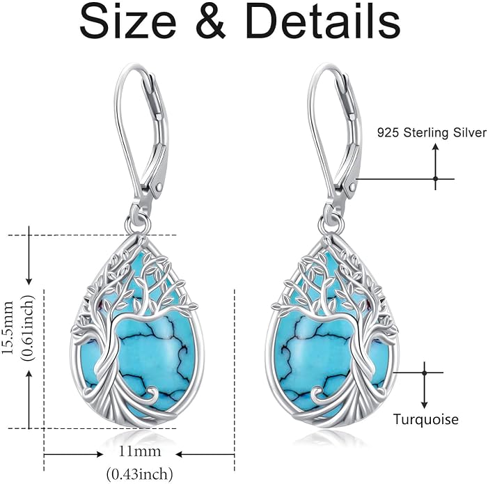 Odinstone 925 Sterling Silver Earrings Tree of Life Teardrop Moonstone Dangle Drop Leverback Earrings for Women