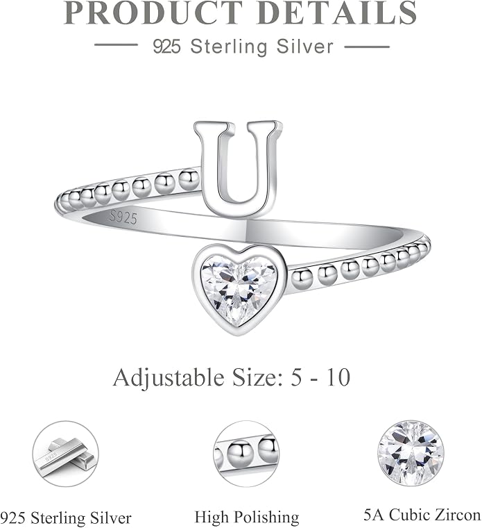 Step Forward 925 Sterling Silver Adjustable Initial Ring for Women | Non Tarnish Letter Rings for Lady | Alphabet Heart Thumb Rings | Capital Letter Jewelry Gifts
