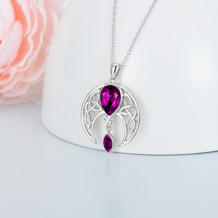 AOBOCO Sterling Silver Celtic Crescent Moon Goddess Pendant Irish Good Luck Necklace with Birthstone Crystal, Celtic Moon Jewelry Gift for Women Mom Wife