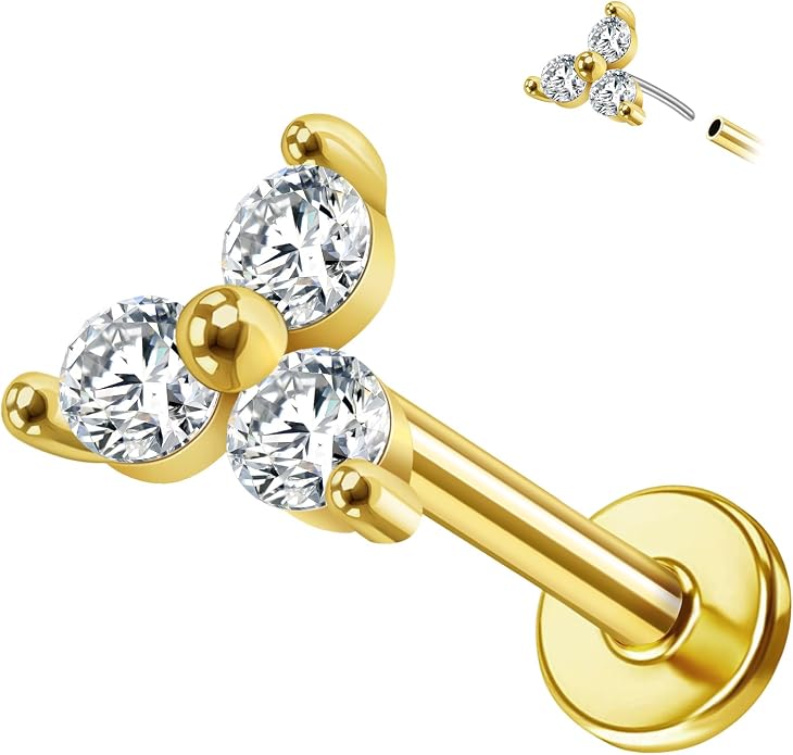 14K Yellow/White/Rose Gold Threadless Earring Top Push in 1 Pcs Triple Clear CZ Flat Back Nose Stud Threadless Cartilage Earring Helix Stud Tragus Piercing Jewelry for Women 6mm/8mm