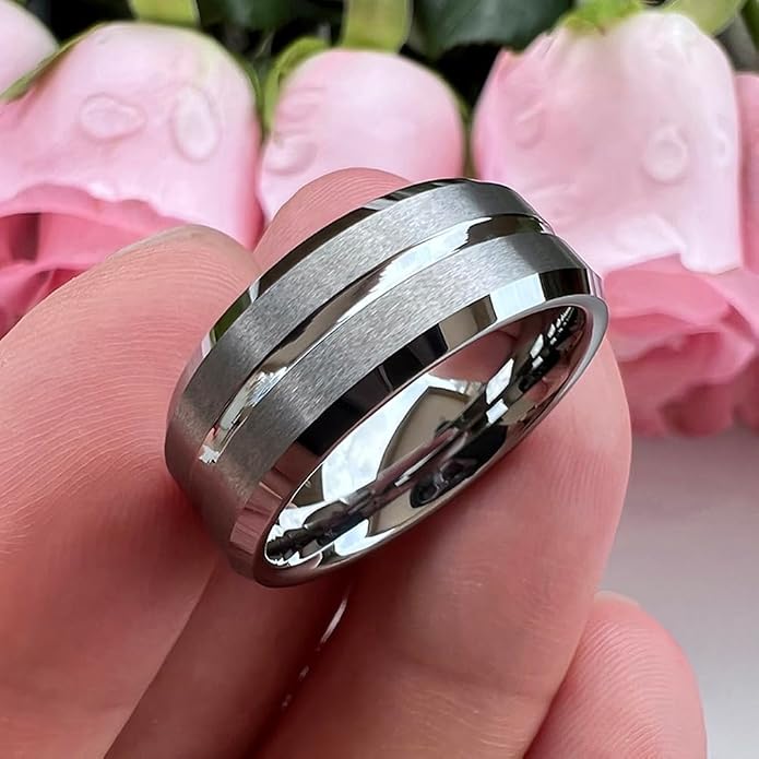 TUTISS 6mm 8mm Silver/Black/Blue/Gunmetal/Gold/Rose Gold Tungsten Rings for Men Women Fashion Engagement Wedding Bands Matte Finish Beveled Edges Comfort Fit