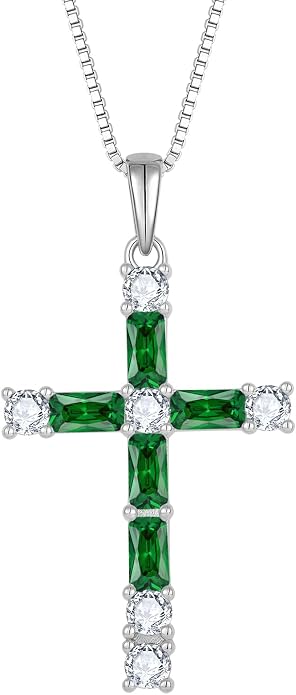 Birthstone Cross Necklace for Women 925 Sterling Silver Christian Religious Crucifix Pendant Rectangular Cut Birthstone Jewelry Gifts for Her