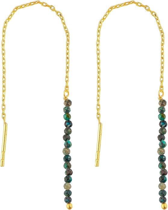 Natural Gemstone Threader Earrings for Women - Dainty 2mm Faceted Beads - Birthstone Crystal Drop Earrings - Silver Plated Healing Jewelry