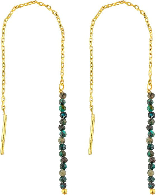 Natural Gemstone Threader Earrings for Women - Dainty 2mm Faceted Beads - Birthstone Crystal Drop Earrings - Silver Plated Healing Jewelry