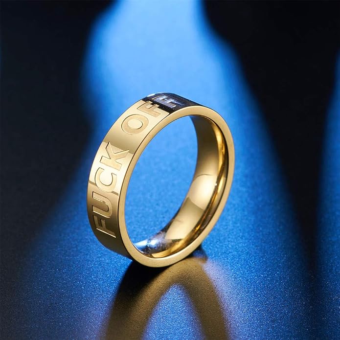 Men's Stainless Steel Cool Personalized Ring Engraved Fuck Off Inspirational Band Silver Gold