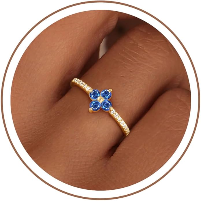 KOHOTA Birthstone Gold Rings for Women Non Tarnish 14K Gold Plated Stackable Rings Dainty Clover Flower CZ Gemstone Green Emerald Ring Engagement Wedding Band Jewelry Birthday Gifts Size 5-10