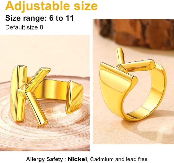 FindChic Customizable Initial Ring Statement 18K Gold Plated Fashion Cuff Rings for Women Alphabet Letter A to Z Resizable Knuckle Ring (with Gift Box)