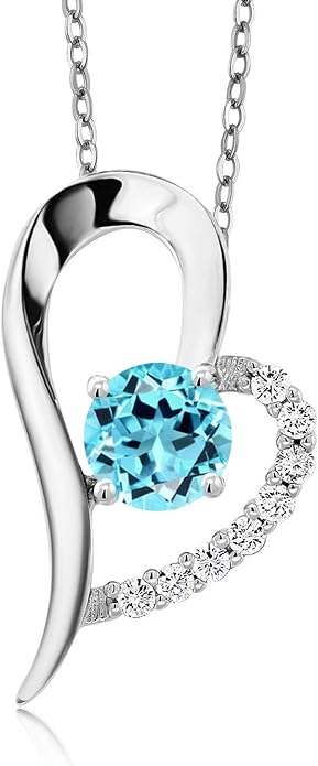 Gem Stone King Heart Shape Pendant Necklace For Women | 925 Sterling Silver | 6MM Round Gemstone Birthstone | Heart Necklace For Women | With 18 Inch Silver Chain