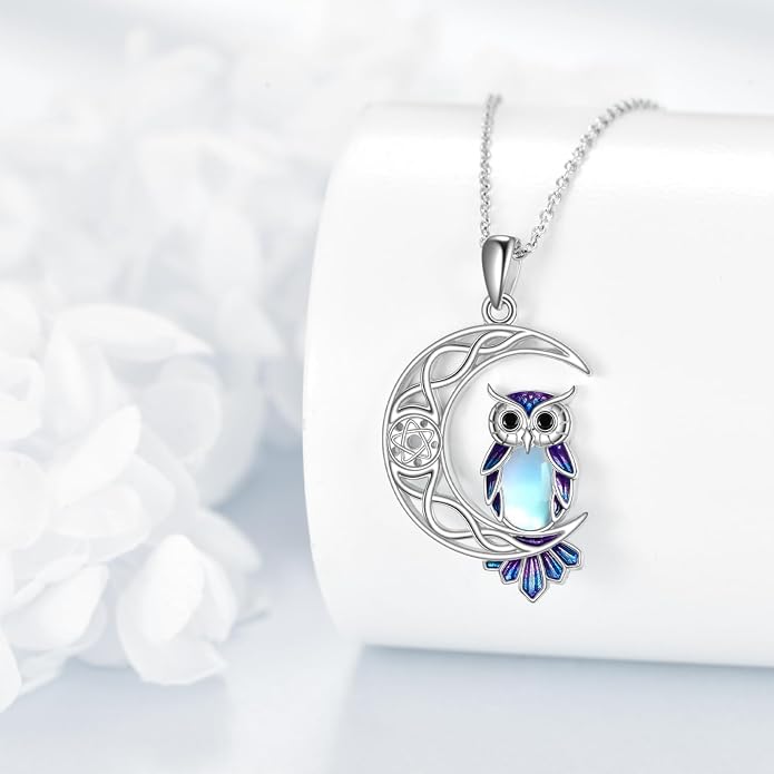 Owl Birthstone Necklace Sterling Silver Celtic Moon Pendant Cubic Zirconia Owls Jewelry Birthday Gifts for Women Men