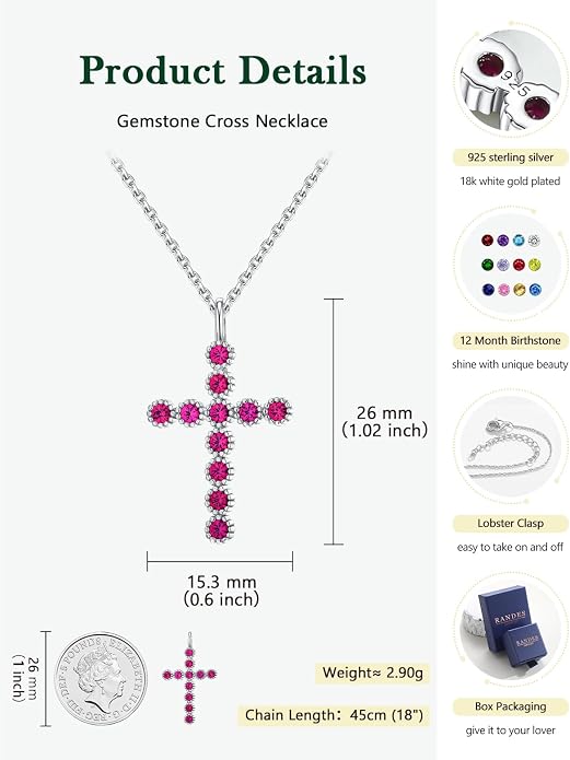 Sterling Silver Cross Necklace for Women Birthstone Religious Jewelry