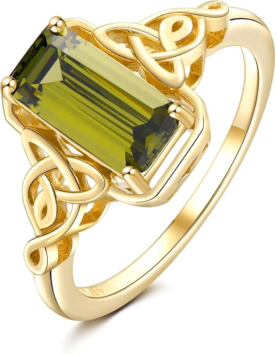 DAYBYDAY Celtic Birthstone Rings for Women, 925 Sterling Silver/18K Gold Plated Emerald Cut Celtic Knot Engagement Wedding Ring, Square Created Gemstone Promise Rings for Her Size 6-10