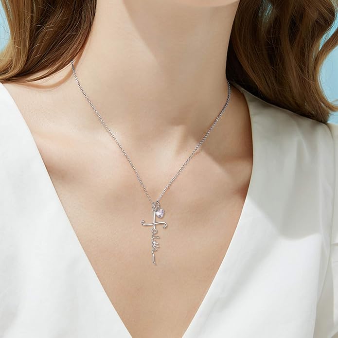 Faith Cross Necklace For Women Birthstone Sterling Silver with Simulated Birthstone Cross Jewelry Christian Gifts
