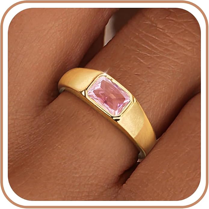 Birthstone Gold Rings for Women Non Tarnish 14K Gold Plated Chunky Emerald Rings Thumb Signet Statement Dainty CZ Band Ring Unique Waterproof Cute Jewelry Gift for Birthday Size 6-10
