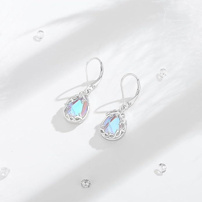 Vito 925 Sterling Silver Teardrop Earrings for Women, Moonstone Turquoise Drop Dangle Earrings Cat Snake Turtle Tree of Life Leverback Earrings Boho Jewelry Gift for Mom Wife