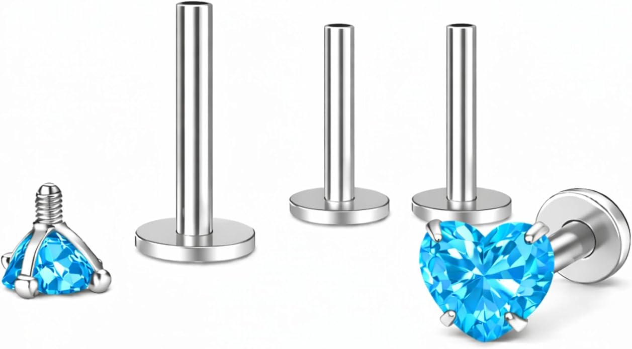 Titanium Heart CZ Labret Stud Earrings for Piercings by Ginger Lyne 6Pc Set G23 Screw Front Flat Back Body Jewelry 2 pair post 6mm, 8mm Cartilage, Helix, Tragus, Lip, Conch, Lobe