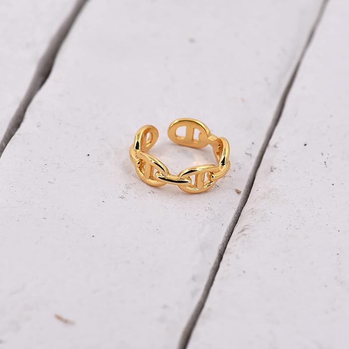 LEMON GRASS Gold Chain Link Ring | Chunky Curb-Link Open Ring | Stackable Thick Chain Simple Open Circle Band Adjustable