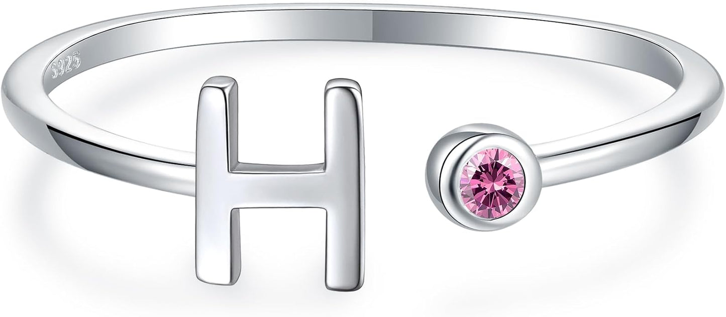 925 Sterling Silver Initial Letter Birthstone Rings for Women Adjustable 1-12 Month Birthstone Alphabet Stacking Ring for Teens Girls Stackable Birthstone Rings Birthday Jewelry Gift for Daughter Mom