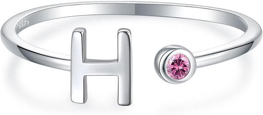 925 Sterling Silver Initial Letter Birthstone Rings for Women Adjustable 1-12 Month Birthstone Alphabet Stacking Ring for Teens Girls Stackable Birthstone Rings Birthday Jewelry Gift for Daughter Mom