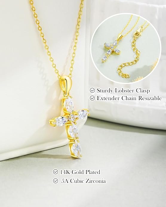 14K Gold Plated 925 Sterling Silver Birthstone Cross Necklace for Women Men