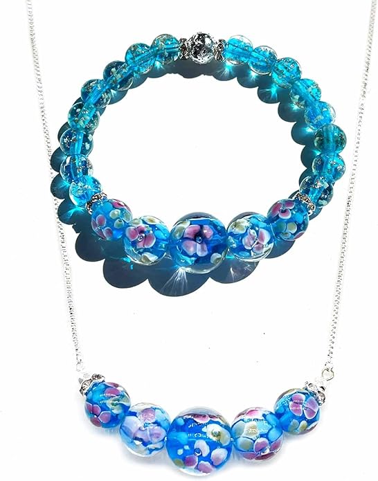 ARTSY Crafts Lily Garden Glow in the Dark Firefly Bead Bracelets Necklaces, Handmade in USA Murano Glass Jewelry, Flower Luminous Beads Mermaid Crystal Bracelet Bangle