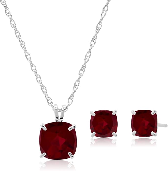 MAX + STONE 14k Gold Plated or Sterling Silver Cushion Cut Gemstone Stud Earrings and Pendant Necklace for Women with 6mm and 8mm Birthstones 18 Inch Chain and Push Backs Jewelry Set