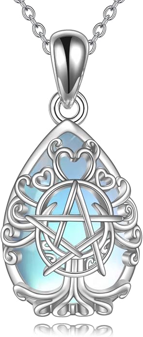 YFN Triple Moon Goddess Necklace Sterling Silver Pentagram Pentacle Opal Pendant necklace Pagan Wiccan Magic Amulet Tree of Life Jewelry for Women Men 18"