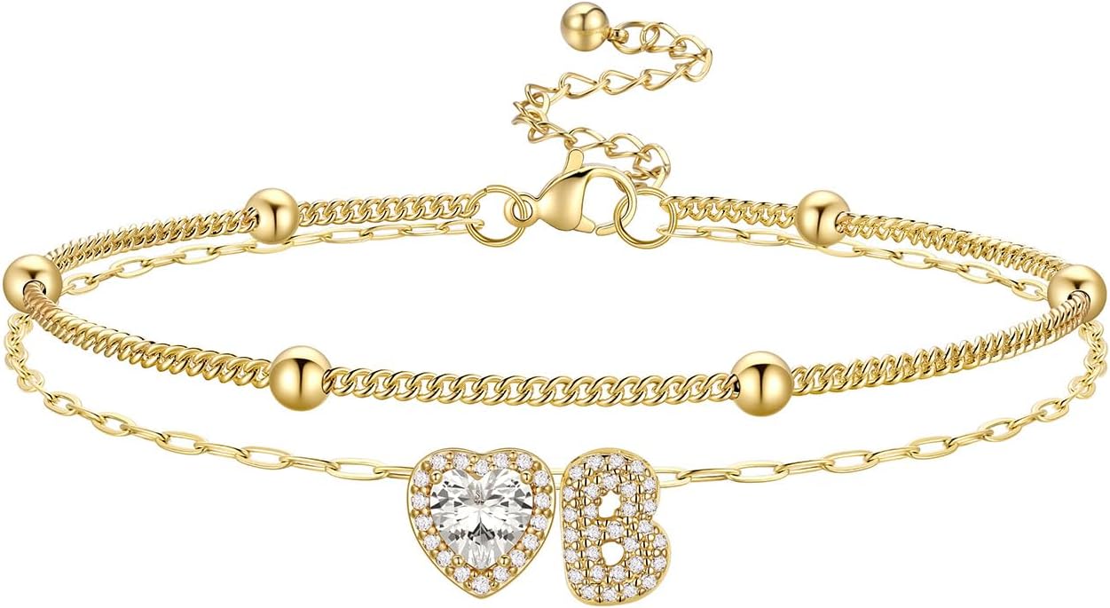 Bestyle Initial Anklet Bracelets for Women Waterproof Non Tarnish 14K Gold/White Gold Plated CZ Anklets for Women Dainty Layered Letter Heart Ankle Bracelets Adjustable Foot Chain Anklet
