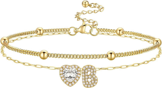 Bestyle Initial Anklet Bracelets for Women Waterproof Non Tarnish 14K Gold/White Gold Plated CZ Anklets for Women Dainty Layered Letter Heart Ankle Bracelets Adjustable Foot Chain Anklet