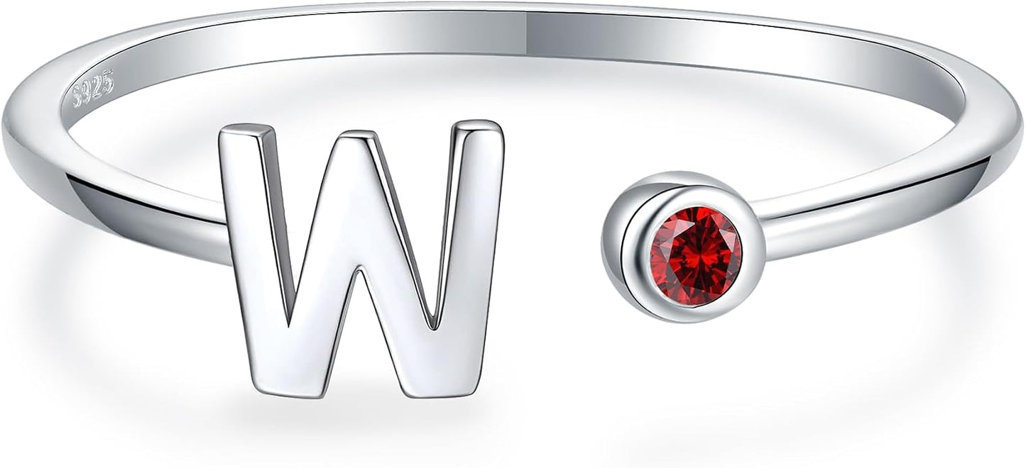 925 Sterling Silver Initial Letter Birthstone Rings for Women Adjustable 1-12 Month Birthstone Alphabet Stacking Ring for Teens Girls Stackable Birthstone Rings Birthday Jewelry Gift for Daughter Mom