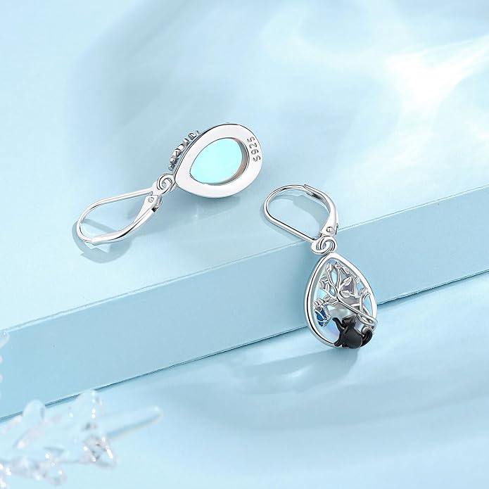 Vito 925 Sterling Silver Teardrop Earrings for Women, Moonstone Turquoise Drop Dangle Earrings Cat Snake Turtle Tree of Life Leverback Earrings Boho Jewelry Gift for Mom Wife