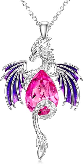 Dragon Necklace for Men Sterling Silver Birthstone Wyvern Necklace Embllished with Teardrop Shaped Crystal Jewelry for Women