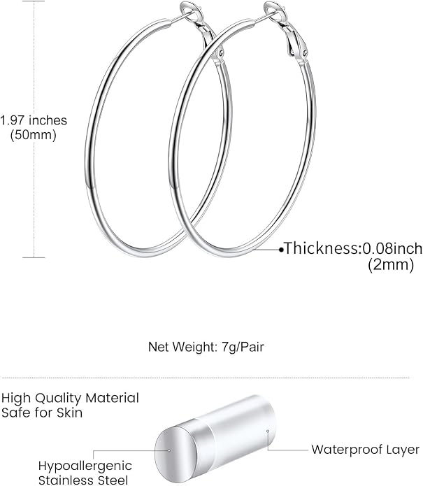KeyStyle Gold Hoop Earrings for Women, Stainless Steel Hoops Earring Lightweight Loops, 2 mm Thick Hypoallergenic Circle Endless Thin Hoop (20/30/40/50/60/70/80/90/mm)