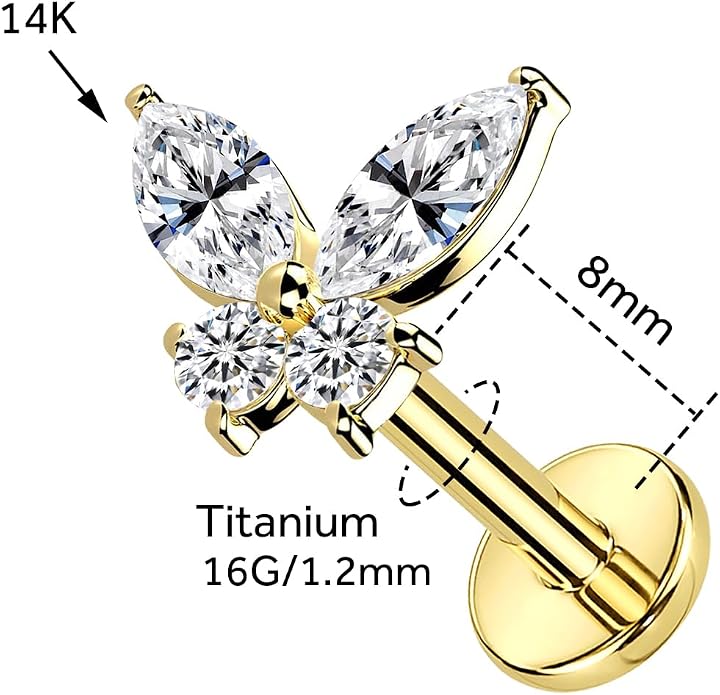 1Pcs 14K Yellow/White Gold Cartilage Earring for Women, 16G Threadless Flat Back Top Push in, Butterfly Tragus Helix Labret Lip Stud Piercing Jewelry