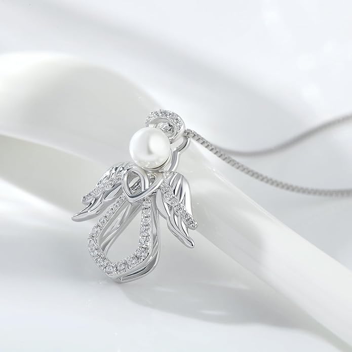 925 Sterling Silver Guardian Angel Pendant Necklace for Women with Birthstone Cubic Zirconia Little Angel Pendant Necklace Jewelry 18 inch Chain
