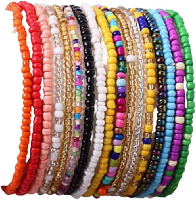 17Pcs Elastic Beaded Bracelets Colorful Bohemian Stackable Beaded Bracelet Beach Bracelet Anklet Set Rainbow Handmade Seed Bracelet Jewelry for Women