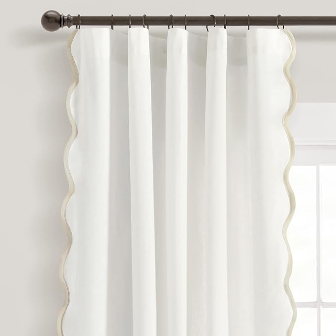 Lush Decor Coastal Chic Scalloped Edge Light Filtering Window Curtain Panels Pair, 52" W x 84" L, Neutral & White - White Curtains for Living Room - Coastal Decor (Pack of 8)