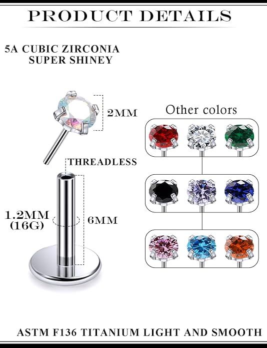 20G 18G 16G Astm F136 Titanium Threadless Flat Back Earrings Nose Studs Tragus Helix Conch Cartilage Lobe Earrings Medusa Labret Snake Bite Monroe Lip Ring Piercing Jewelry For Women Men