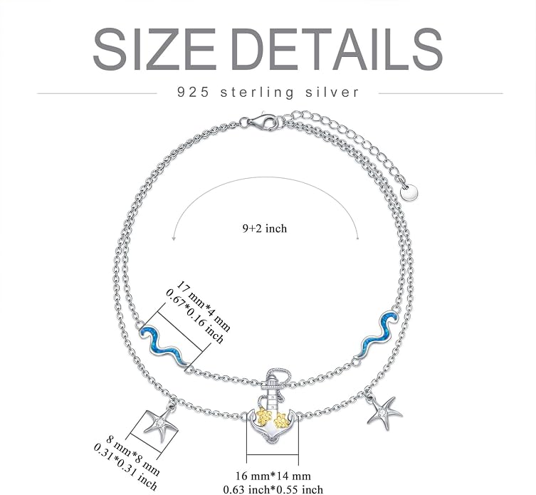 Dragonfly/Evil Eye/Hamsa Evil Eye/Lotus/Mushroom Anklet Bracelets for Women Sterling Silver Adjustable Double Layered Bracelet Anklet Mother's Day Jewelry Gifts Beach Jewelry