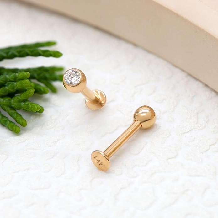 14k Yellow/White Gold Body Jewelry Earrings for Women Threaded Micro CZ Gem Top Tragus/Helix/Labret Stud 16G 6mm 8mm
