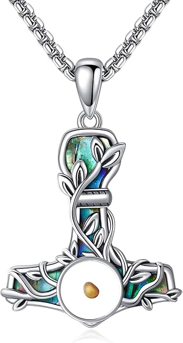 Thors Hammer Necklace Sterling Silver Mjolnir Mustard seeds Pendant Vegvisir Viking Jewelry for Women Men